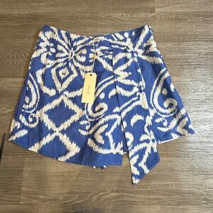 Greige Women Blue White Ikat Print Tie Waist Wrap Skort Shorts M